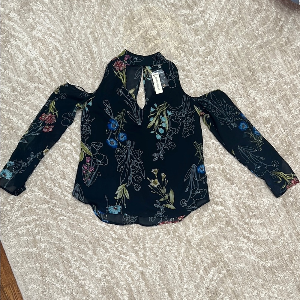 River Island Floral Cut Out Long Sleeve Sheer Blouse